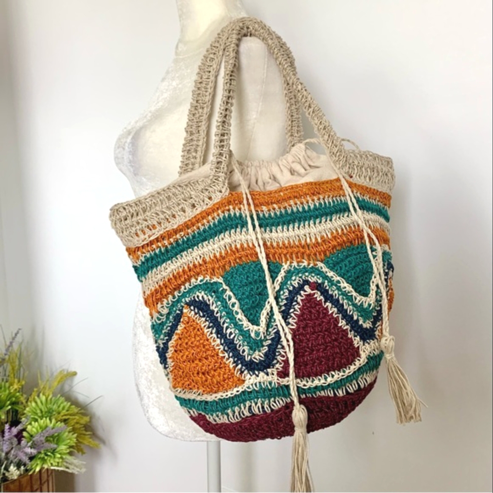Zara Crochet Wave Tote in Teal, Mustard, Burgundy & Beige